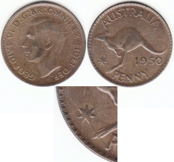 1950 Australia Penny (die crack) A002529